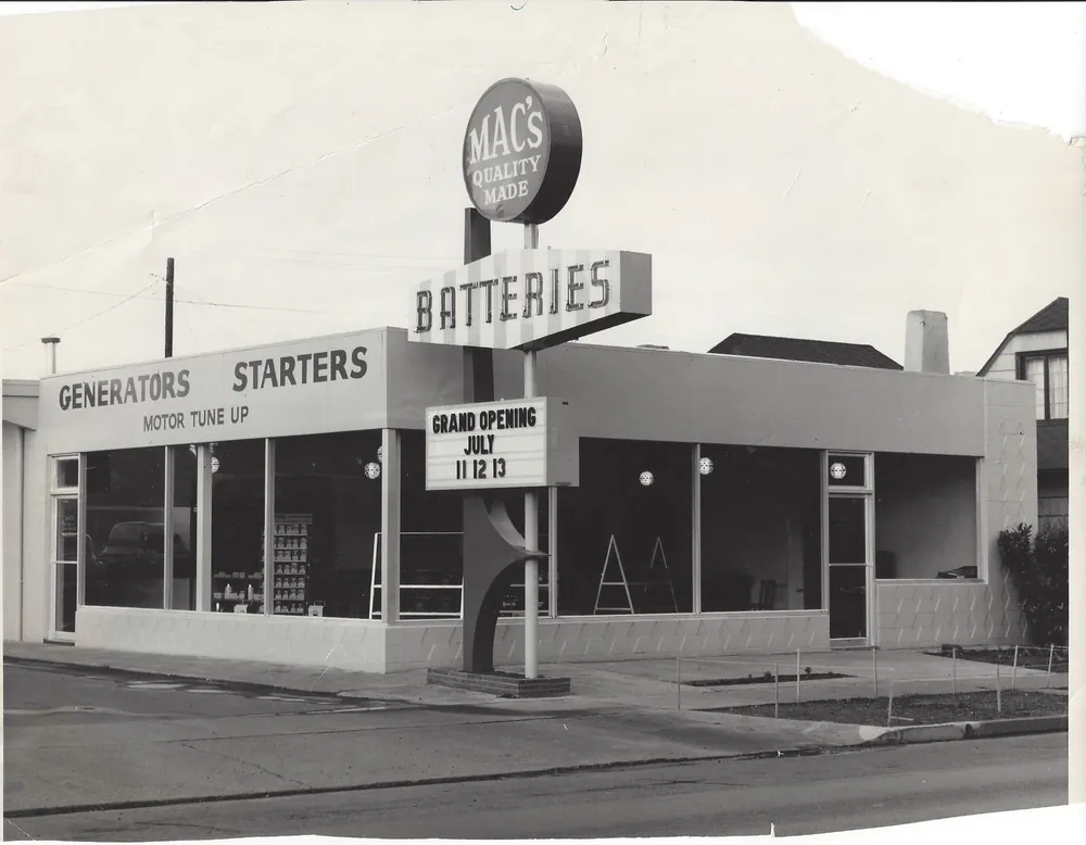 Mac's Quality Made Batteries original storefront grand opening, 1943