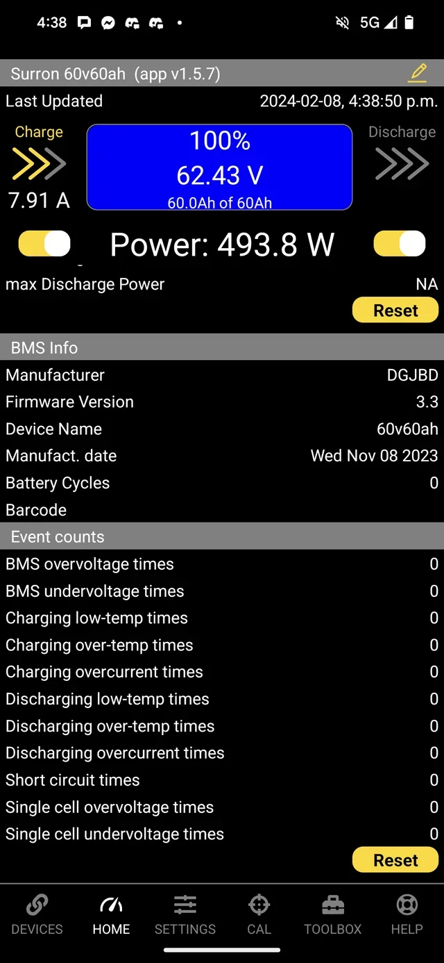 Overkill Solar BMS app home screen showing charge percentage, voltage, power, and event counts